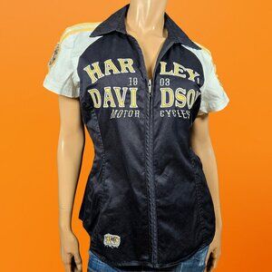 Harley Davidson 2012 Zip Up Top Shirt Black White Retro Rockabilly Biker Size M